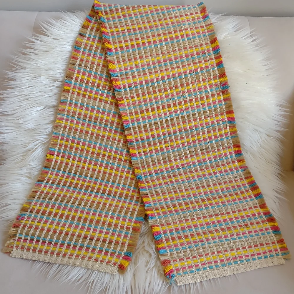 Threshold Table Runner Woven 14x72 Natural Jute Multicolor Stripe Fringe